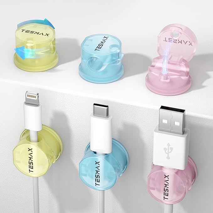 Magnetic Cable Clips 360° Rotation Cord Holder, Adhesive Cord Clips by TESMAX