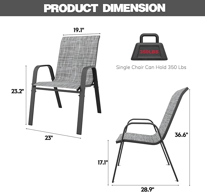 Patio Chairs Set of 8, Stackable Outdoor Dining Chairs for All Weather Textilene Fabric & Metal Frame, Outdoor Chairs Set for Backyard Deck Garden (Grey, Set of 8) - Image 8