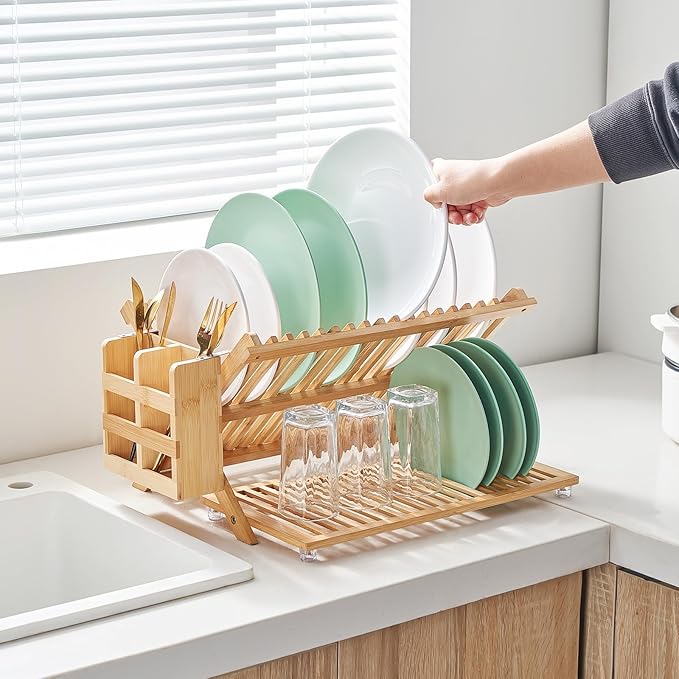 Bamboo Dish Drying Rack, 3 Tier Collapsible Wooden Dish Drainer Rack - Image 3