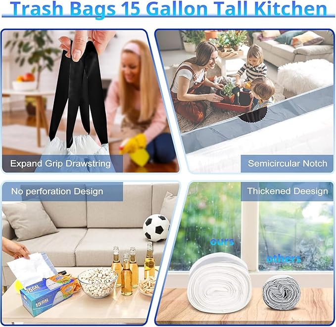 Allclean 13 To 15 Gallon Trash Bags, Tall Kitchen Garbage Bags Drawstring - Image 6
