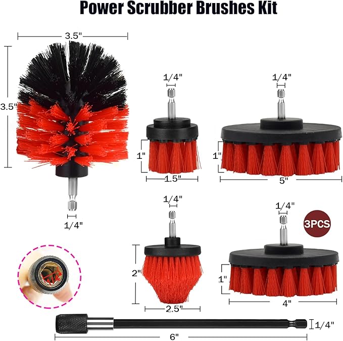 Drill Brush Attachment Set, 7 Pack 1/4in Power Scrubber Brush + Extend Long Rod - Image 3