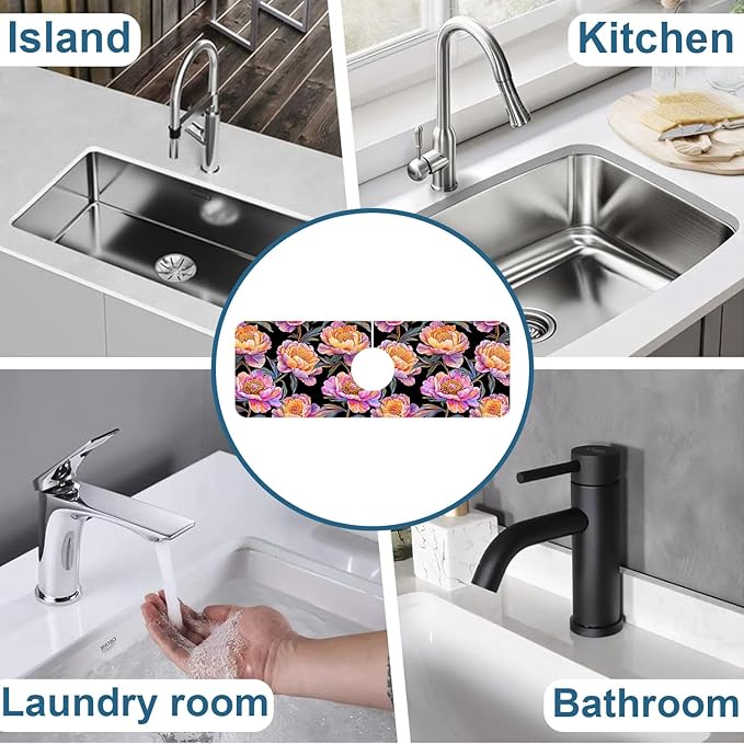 Colorful Peonies Sink Splash Guard Blooming Peonies Faucet Absorbing Mat Fast - Image 7
