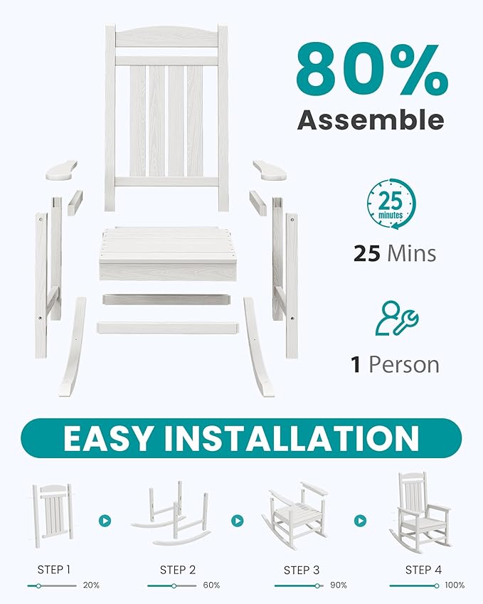 SERWALL Outdoor Rocking Chairs Set of 2, Oversized HDPE Porch Rockers for Adults, All-Weather Composite Patio Rocking Chairs, White - Image 8