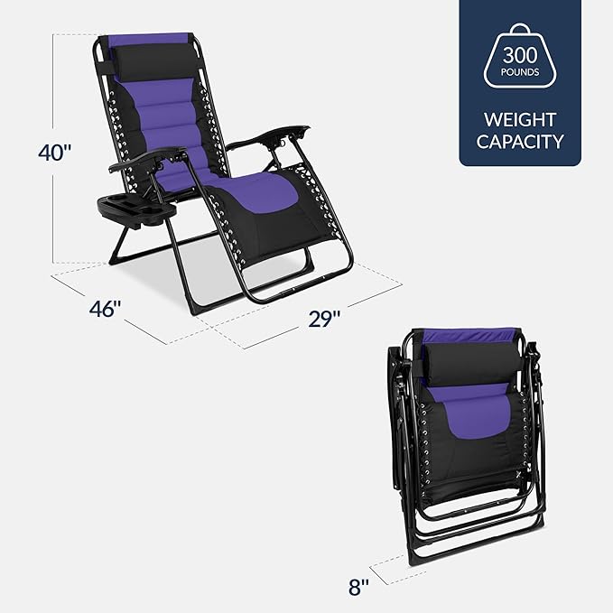 Best Choice Products Oversized Padded Zero Gravity Chair, Folding Outdoor Patio Recliner, XL Anti Gravity Lounger for Backyard w/Headrest, Cup Holder, Side Tray, Polyester Mesh - Black/Purple - Image 3