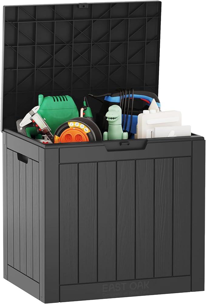 EAST OAK Outdoor Storage Box, 31 Gallon Deck Box, Waterproof Resin Storage Bin for Patio Cushions, Gardening Tools, Accessories, Lockable, UV Resistant, Black by EASTOAK