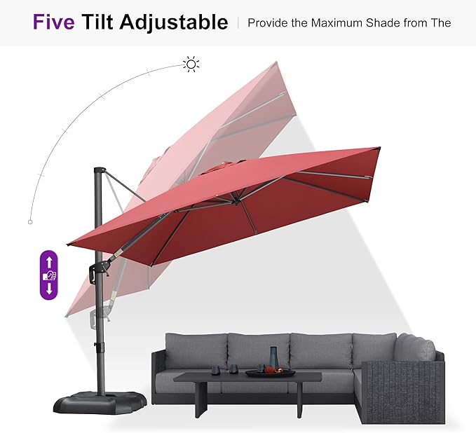 PURPLE LEAF 10 Feet Square Cantilever Umbrella Patio Umbrella with Base Outdoor Umbrella Aluminum Offset with 360-degree Rotation for Garden Deck Pool Patio Terra - Image 7