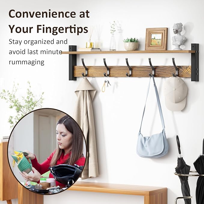 Coat Rack Wall Mount with Shelf, 29 Inch Coat Hanger Walls Mounted, Hat Rack - Image 5