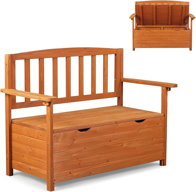 VINGLI Outdoor Storage Bench, Large Wood Deck Box with Seating, Weatherproof Outdoor Bench with Storage Loveseat, 2-Person Wooden Patio Bench for Entryway, Backyard, Garden by VINGLI