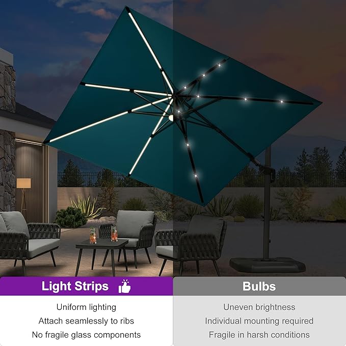 PURPLE LEAF 10 Feet Patio Umbrella with Base Outdoor Solar Powered LED Swivel Square Umbrella Offset Umbrella with 360-degree Rotation for Garden Deck Pool Patio, Turquoise Blue - Image 2