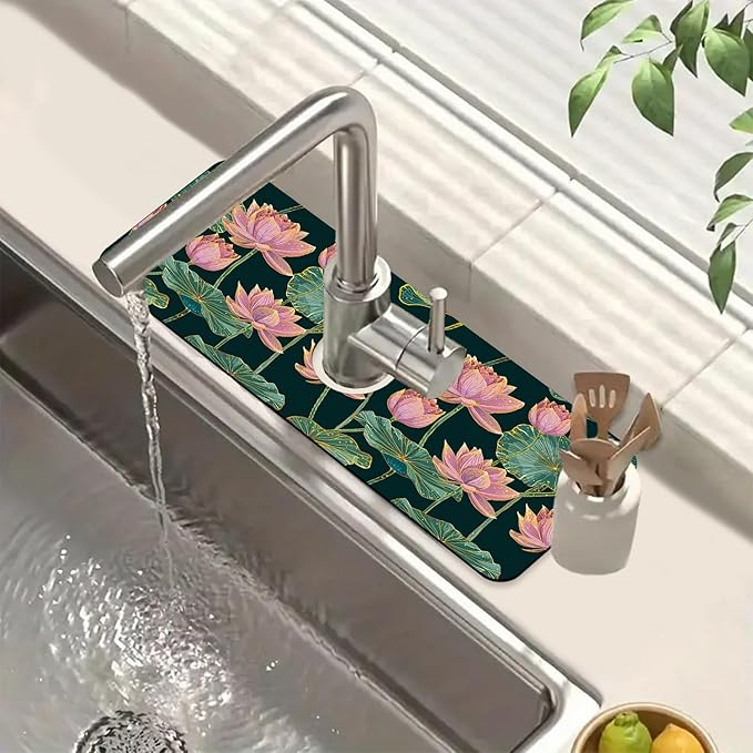 Lotus Pond Pattern Sink Splash Guard Faucet Mat Lotus Flowers Leaves Super by Unknown