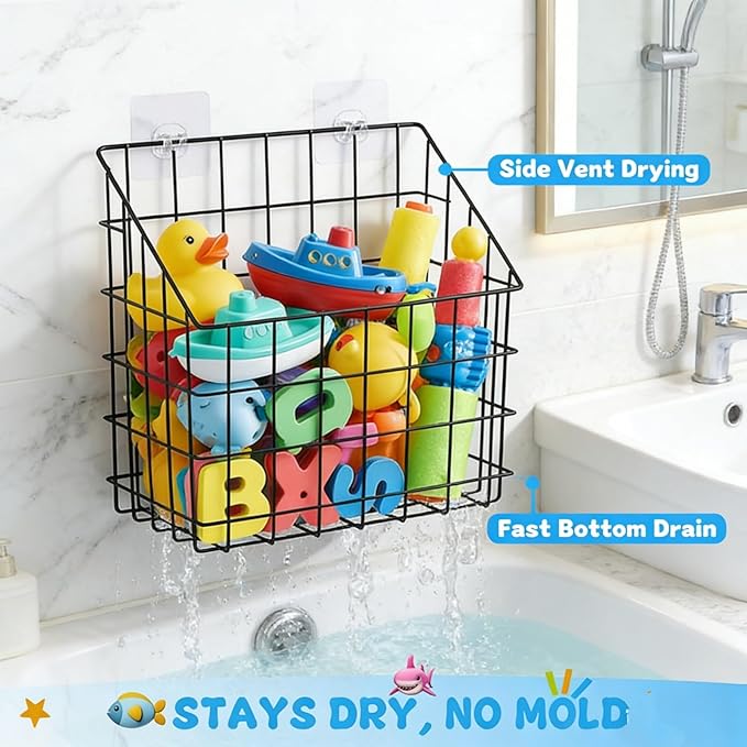 2 Pack Bath Tub Toy Storage Organizer Basket, Rustproof Black Iron Holder - Image 3