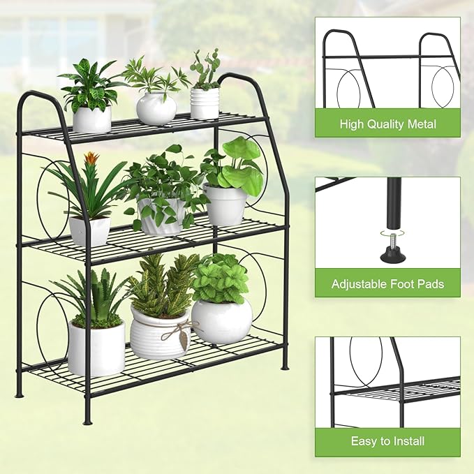 Plant Stand, 3 Tier Plant Shelf for Indoor Outdoor, Heavy Duty Metal Outdoor Plant Stand Holder Rack for Living Room Balcony and Garden, Iron Wire, Black - Image 4