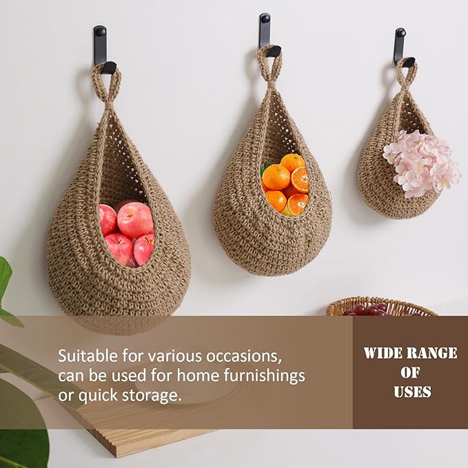 Hanging Fruit Large Basket Set of 3, Boho Wall Hanging Storage Basket - Image 6