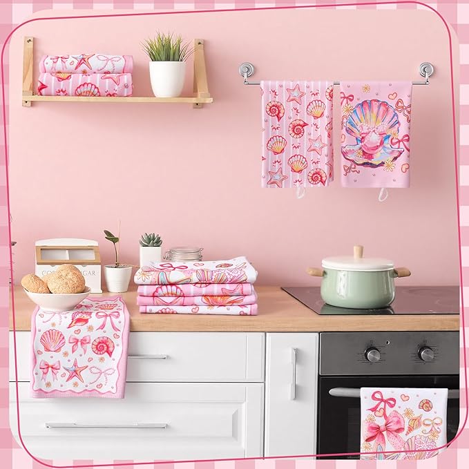 Breling Set of 6 Pink Beach Kitchen Towels Coastal Beach Dish Towel Bathroom - Image 4