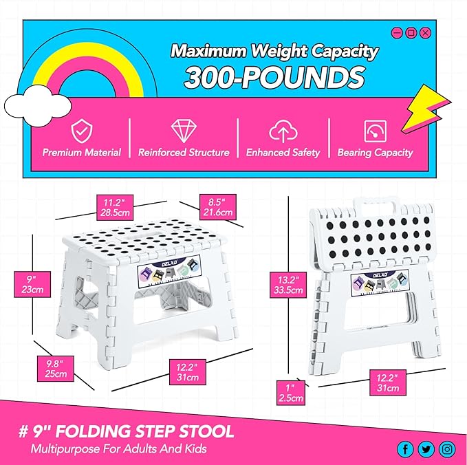 Delxo 9 Inch Folding Step Stool,White Step Stools for Kids Foldable,Portable Collapsible Step Stool with Handle, Folding Stool for Kitchen Bathroom,Bedroom,Garden - Image 2