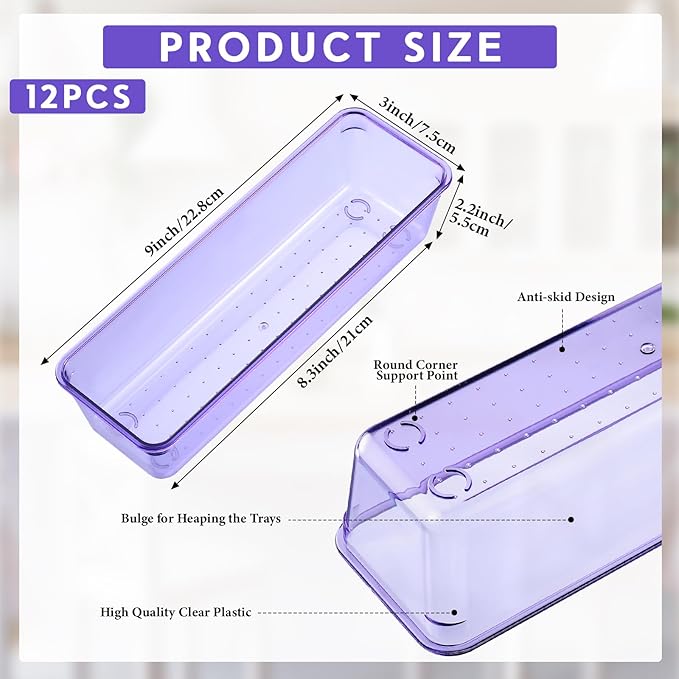 Maitys 12 Pcs Clear Drawer Organizer 9 x 3 x 2 Inches Plastic Rectangle Trays - Image 2