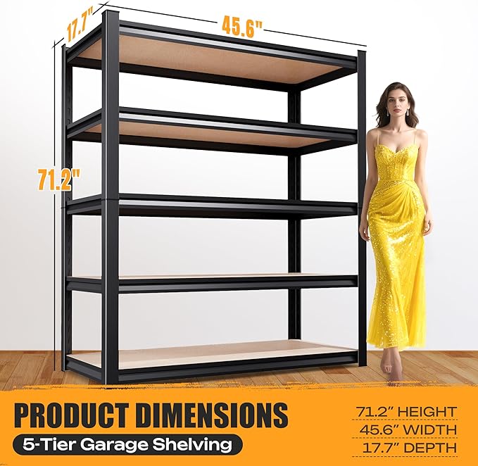 71.2"H-45.6"W Garage Shelving Heavy Duty Storage Shelves, Metal Adjustable Shelving Unit, Utility Garage Organizer Shelf for Basement, Pantry, Kitchen, Warehouse, 45.6"Wx17.7"Dx71.2"H, Black - Image 3