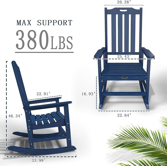 Oversized Rocking Chair Set of 2, Outdoor Rocking Chair for Adults, All Weather Resistant Porch Rocker for Lawn Garden, Navy Blue - Image 3
