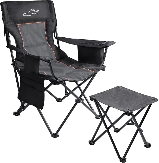 FAIR WIND Oversized Padded Camping Chair with Footrest Stool Set Heavy Duty Support 300 LBS Cooler Bag Chair - Black by FAIRWINDOutdoorEquipment
