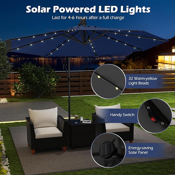 Tangkula 10ft Solar LED Patio Umbrella with Base, Offset Cantilever Outdoor Umbrella with 32 LED Lights, Infinite Tilt, 360 Degree Rotation, Crank Handle for Pool Deck Garden Backyard (Navy) - Image 5