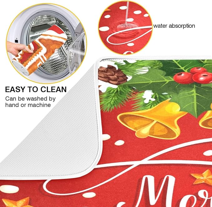 Christmas Gingerbread Holly Berry Santa Bell Dish Drying Mat - Image 2