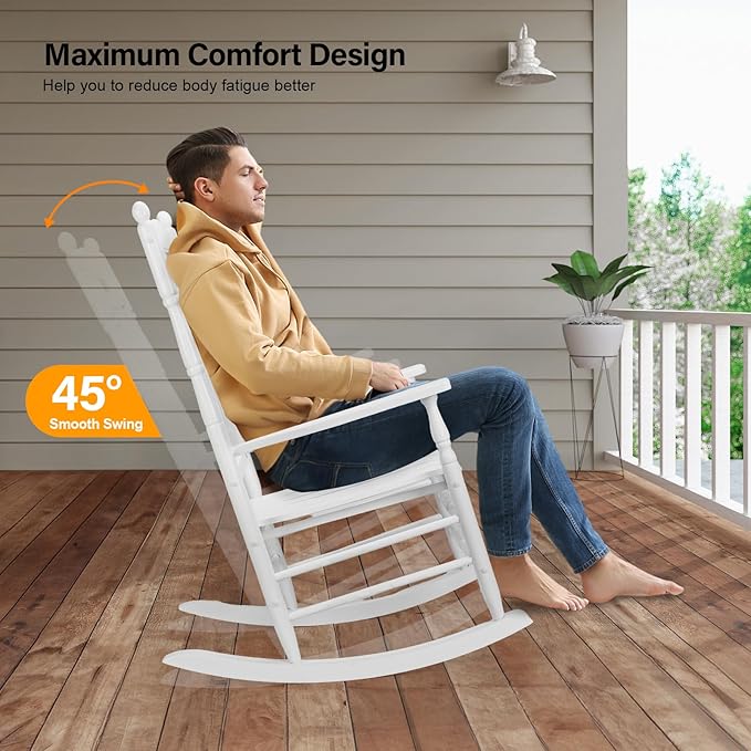 VINGLI Wooden Rocking Chair, Outdoor Chair with 450 lbs Support (White, 1PC) - Image 5