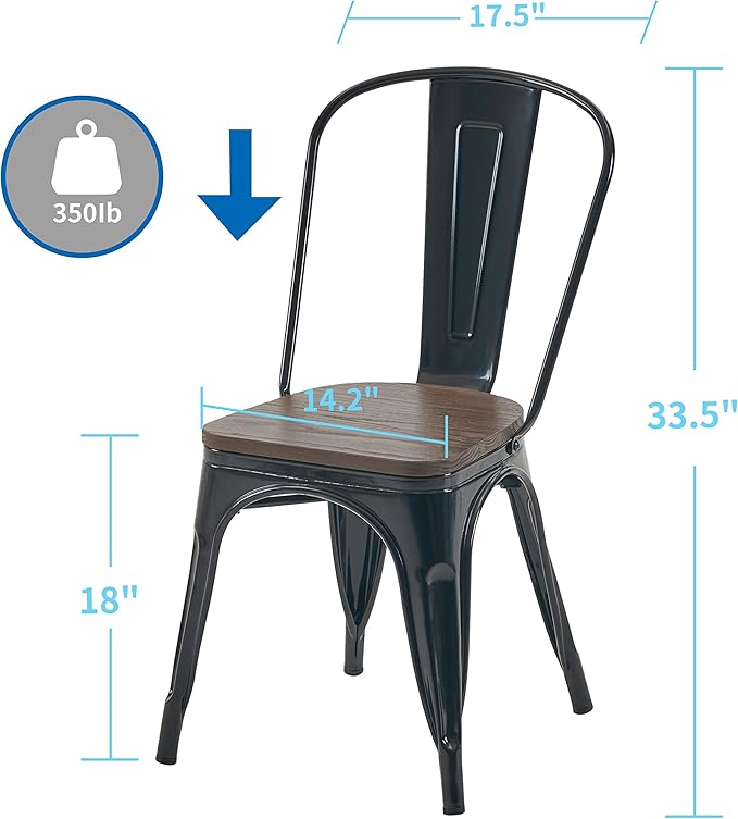 Nazhura Metal Dining Chair Farmhouse Tolix Style for Kitchen Dining Room Café Restaurant Bistro Patio, 18 Inch, Stackable, Waterproof Indoor/Outdoor (Sets of 4) (Black with Wood Padding) - Image 3