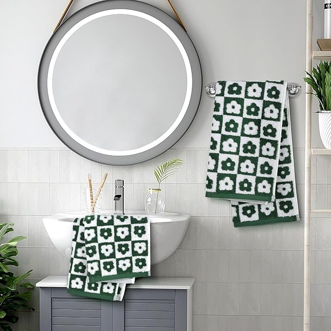 Jacquotha Cotton Hand Towels Green Checkered Floral - Image 4