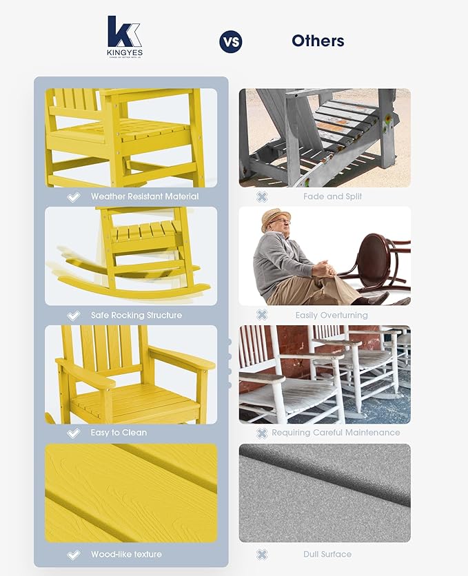 KINGYES Outdoor Rocking Chair Set of 2, High Density Polyethylene Patio Rocking Chairs with 330lbs Support for Adults, Yellow - Image 5