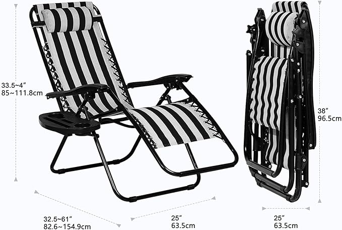 Nazhura Set of 2 Relaxing Recliners Patio Chairs Adjustable Steel Mesh Zero Gravity Lounge Chair Beach Chairs with Pillow and Cup Holder Khaki (Black/White Stripe) - Image 2