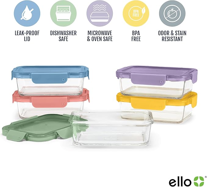 Ello Color Lock 3.4 Cup 10PC, 5 Pack Glass Meal Prep Sets Leak-Proof Glass Food - Image 3