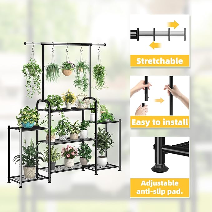 Simple Trending Plant Stand Indoor Outdoor, Metal 3 Tier Tall Hanging Plant Shelf for Multiple Flower Planter Large Heavy Duty Ladder Plant Holder for Garden, Black - Image 7