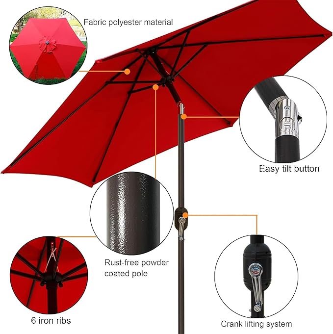 Blissun 7.5 ft Patio Umbrella, Yard Umbrella, Outdoor Market Umbrella with Push Button Tilt Crank (Red) - Image 2
