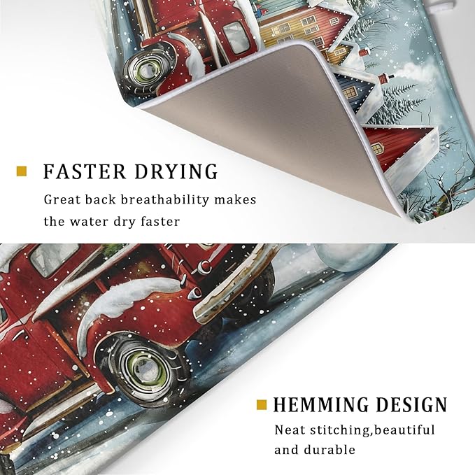 Christmas Dish Drying Mat for Kitchen Counter 24x18 Inch Xmas Red Truck Drying - Image 5