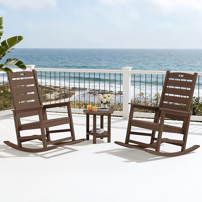 SERWALL Outdoor Rocking Chair Set of 4, Oversized HDPE Patio Rocking Chair with Footrest for Adults, All Weather Porch Rocker for Deck Patio Balcony, Brown - Image 10