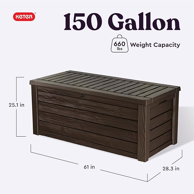 Keter Westwood 150 Gallon Deck Box Organizer, Doubles as 2-Person Bench Seat, Brown – Large Resin Outdoor Storage and Seating with Lockable Lid for Garden, Pool, and Patio - Image 2