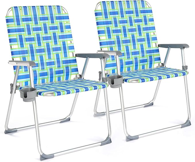 VINGLI Folding Aluminum Webbed Oversized Lawn Chairs with Detachable Cup Holder, 300LBS High Beach Chair for Adults Heavy Duty, Portable Patio Chair for Yard, Garden, 2 Pack,Blue/Green by VINGLI