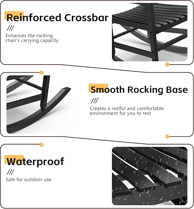 Patio Rocking Chair Outdoor Set of 2,Weather Resistant Poly Resin Oversized Porch Rocker,High Back Smooth Design,350lb Weight Capacity,Indoor Outdoor Use(2, Black) - Image 4