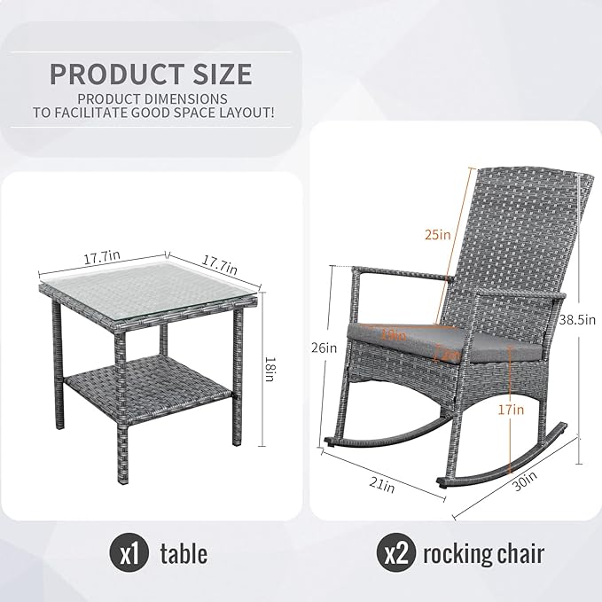 Outdoor Rocking Chair 3 Pieces High-Backed Rocking Chair Patio Rocking Chairs Outdoor Table and Chairs Anti-Slip Cushions Dark Grey - Image 2