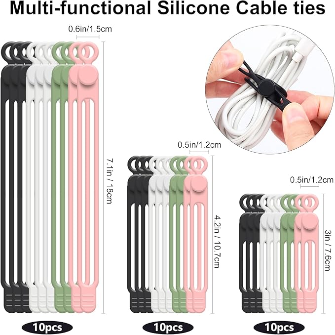 OneLeaf 30Pcs Cord Organizer, Silicone Cable Ties Reusable, Cord Ties - Image 2