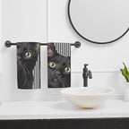 Cute Black Cat Hand Towel for Bathroom Set of 2, Cat on Black White Stripes - Image 6