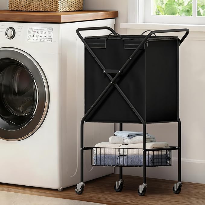 Laundry Basket with Wheels:88L Rolling Laundry Cart Foldable Metal Frame Dirty by MIBOIM