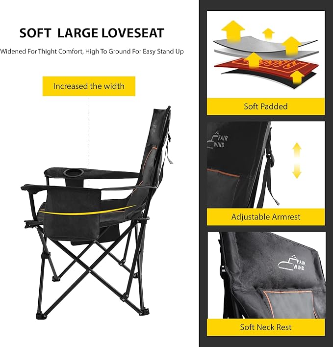 FAIR WIND Oversized Padded Camping Chair with Footrest Stool Set Heavy Duty Support 300 LBS Cooler Bag Chair - Black - Image 5