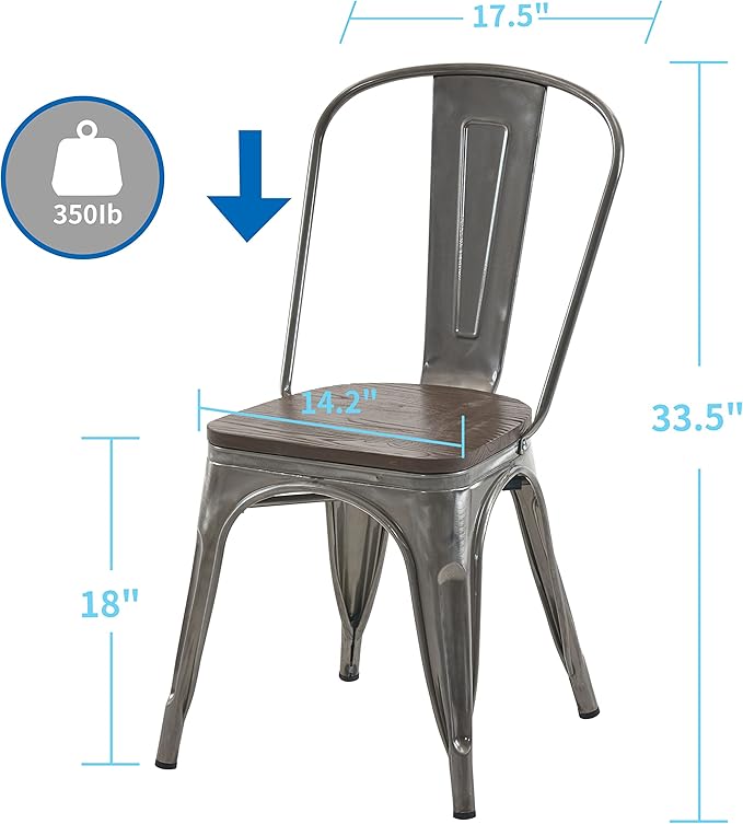Nazhura Metal Dining Chair Farmhouse Tolix Style for Kitchen Dining Room Patio, 18 Inch, Stackable, Waterproof Indoor/Outdoor (Sets of 4) (Brushed Metal with Wood Padding) - Image 3