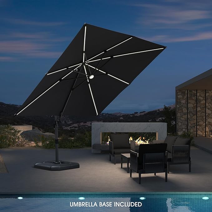 PURPLE LEAF 10 Feet Patio Umbrella with Base Outdoor Cantilever Solar Powered LED Square Umbrella Aluminum Offset Umbrella with 360-degree Rotation for Garden Deck Pool Patio, Grey - Image 2