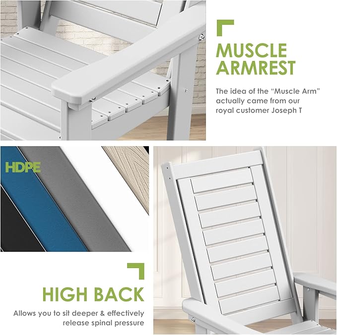 GREENVINES Outdoor Rocking Chairs | Set of 4 | Porch Rocker | HDPE Plastic | White | Oversized Rockers | High Back | Big & Tall | Ladder Back | for Patio Outside Backyard Balcony Garden - Image 7