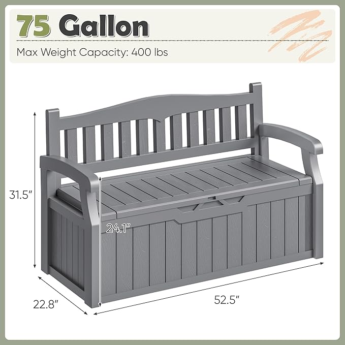 Homall 75 Gallon Outdoor Storage Benches Lockable Deck Box with Waterproof and UV Resistant, Waterproof Storage Box for Patio Furniture, Tools, Cushions (Grey) - Image 3