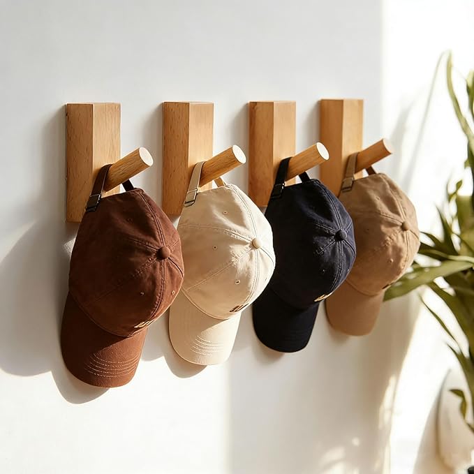 HomeDo 10Pack Adhesive Wall Hooks Hat Rack, Wooden Coat Hooks Wall Mounted - Image 5