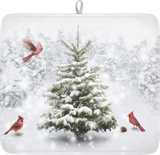 Winter Forest Dish Drying Mat for Kitchen Counter Silvery White Pine Trees Snow by Kawani