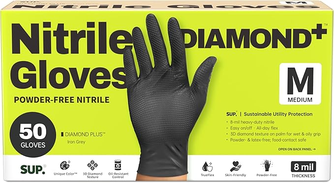 SUPER+ HEAVY DUTY Nitrile Gloves 8 Mil Diamond Texture Disposable Chemical by Super